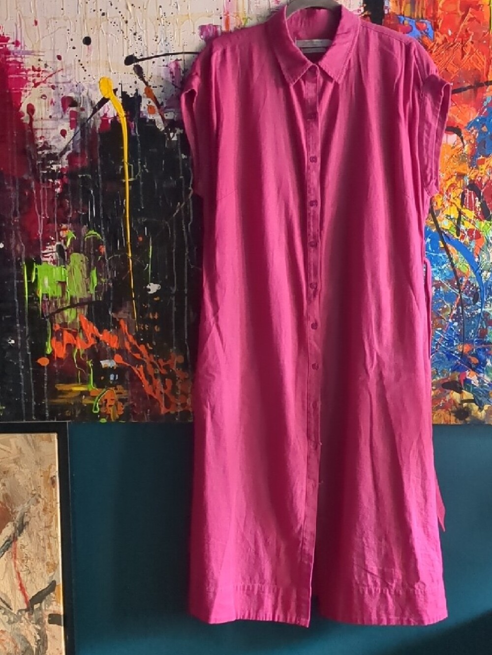 Organic Linen/Cotton Blend Pink Button-Down Shirt Dress -Simons